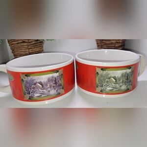 2 VINTAGE Currier & Ives soup mugs featuring a winter lake skating scene